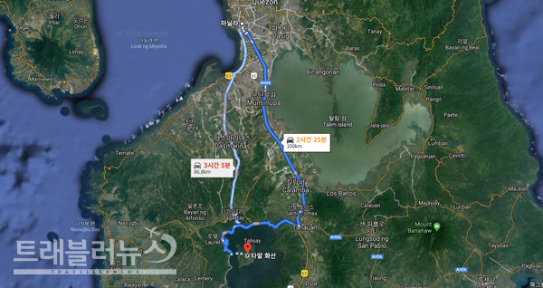 폭발한 따알 화산은 필리핀 수도 마닐라와 차로 약 3시간 거리에 떨어져 있다. ⓒGooglemap